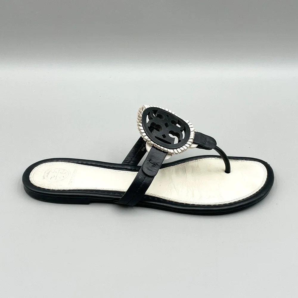 Tory Burch Miller Fringe Sandals Womens 9M Black White Leather Logo Thong Flats